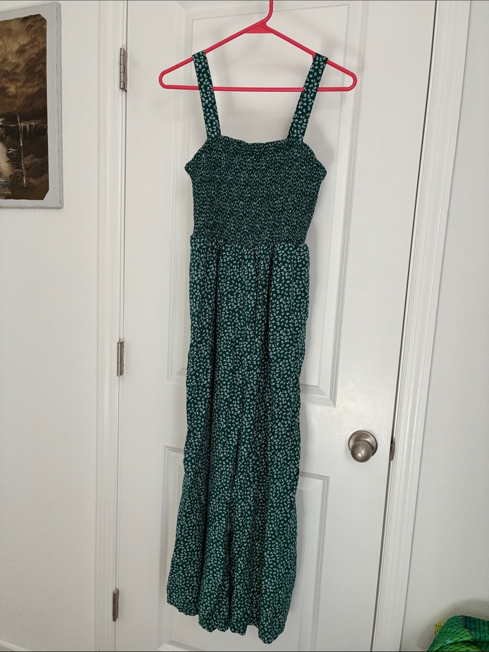 Green Floral Smocked Maxi jumpsuit with Wide Straps